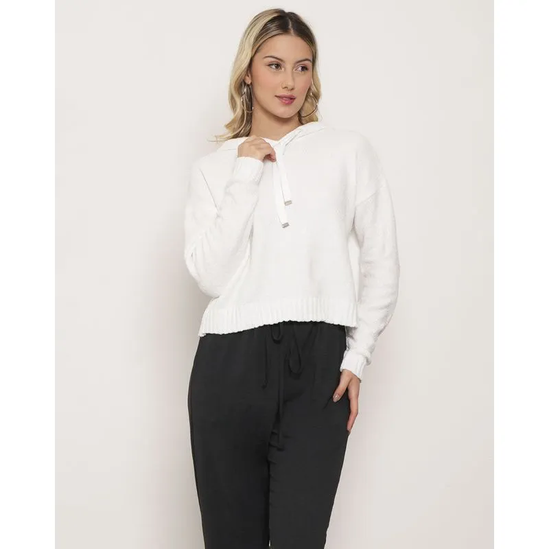 Suéter Feminino Com Capuz Tricô Chenille Branco P