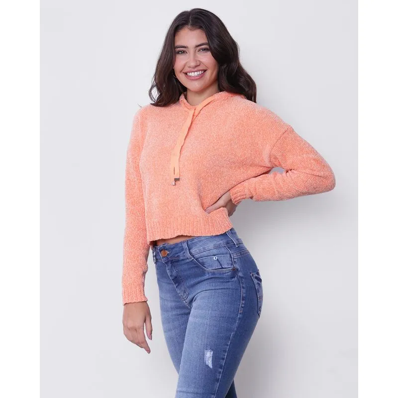 Suéter Feminino Com Capuz Tricô Chenille Laranja P