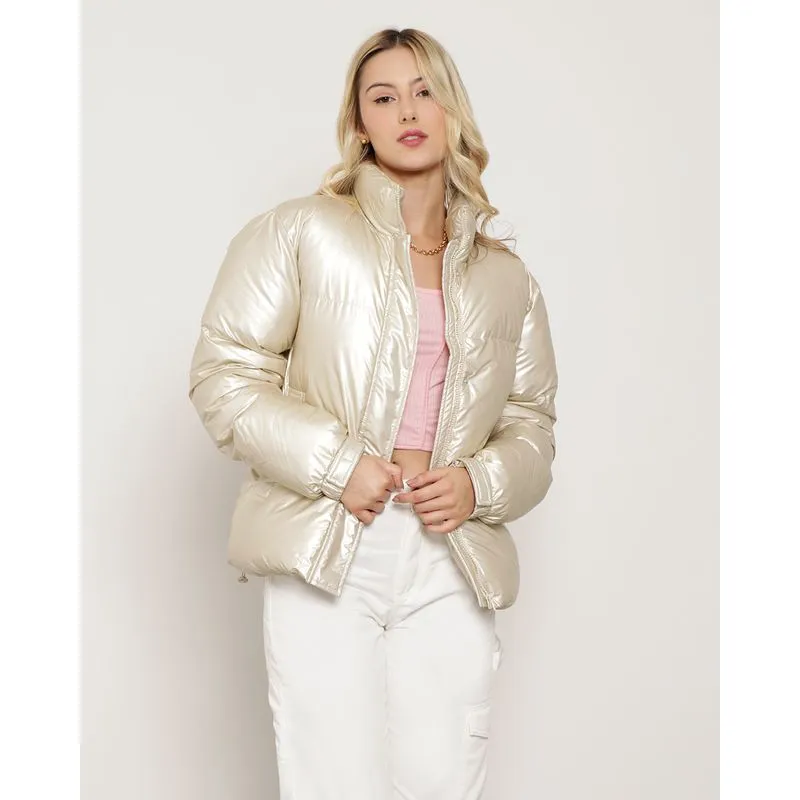 Jaqueta Feminina Puffer Gola Alta Metalizada Dourada G