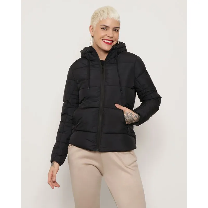 Jaqueta Feminina Puffer Capuz Preta M