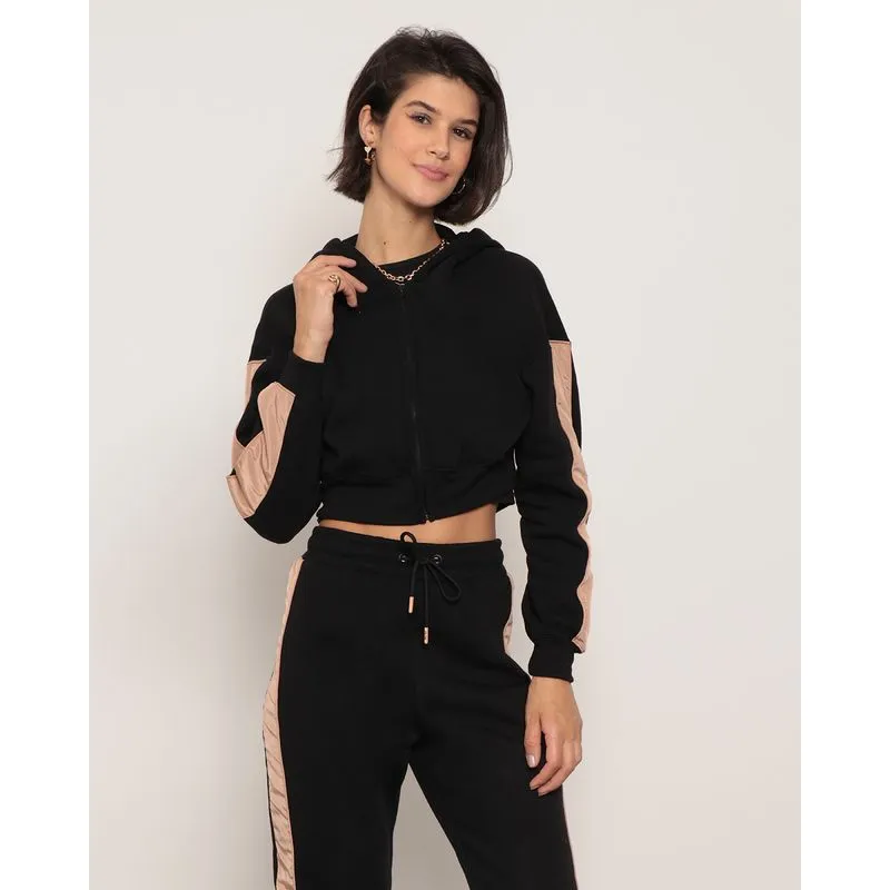 Casaco Moletom Feminino Cropped Com Capuz Preto GG