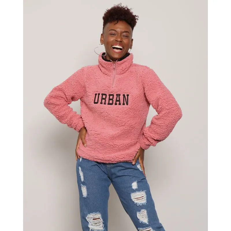 Blusão Feminino Sherpa Gola Com Zíper Rosa P