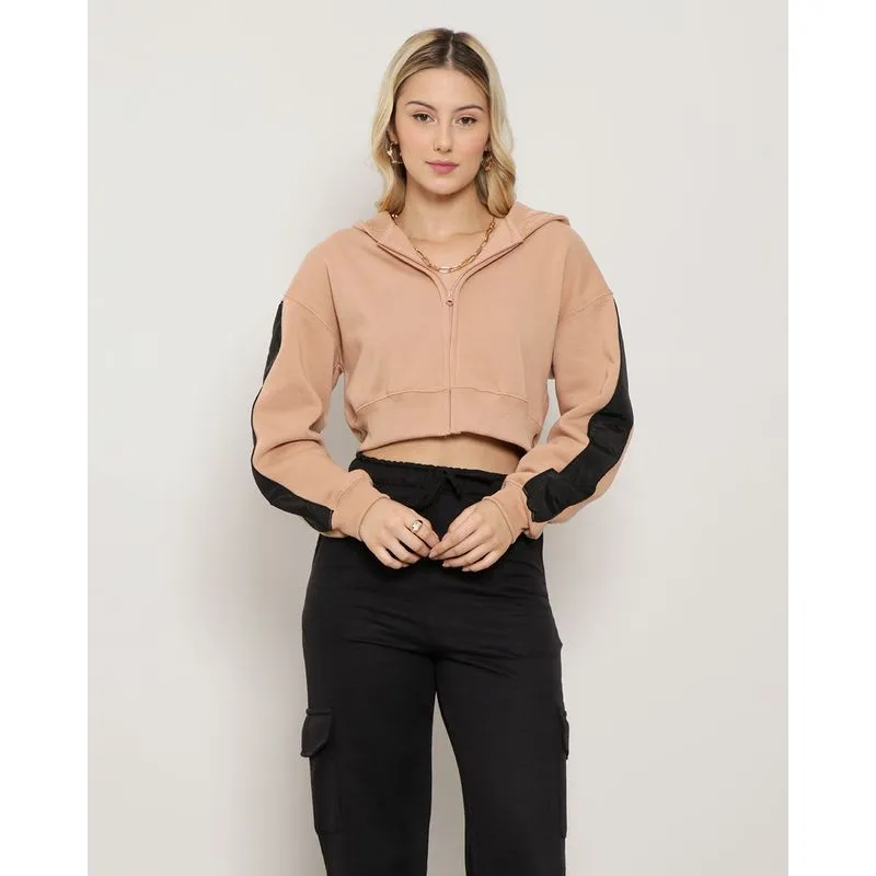 Casaco Moletom Feminino Cropped Com Capuz Bege GG