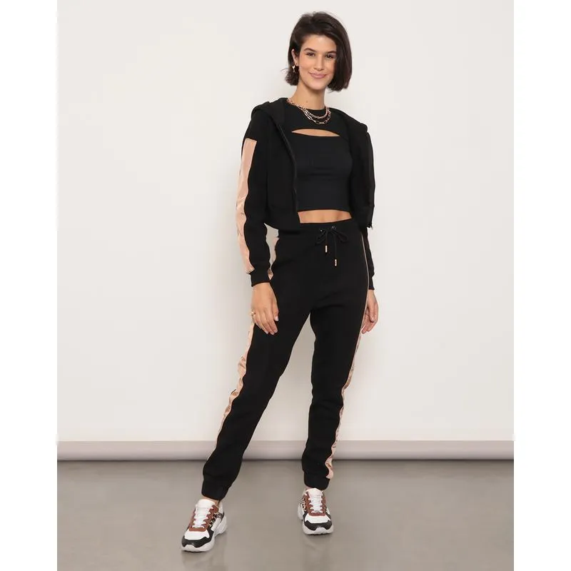 Calça Moletom Feminina Peluciada Jogger Com Recorte Preta P