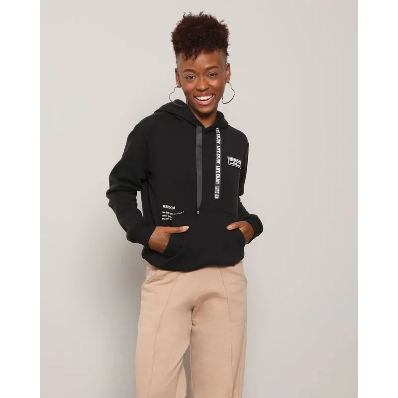Blusão Moletom Feminino Capuz Preto G