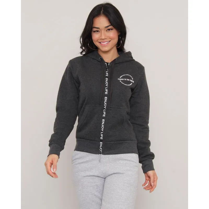 Jaqueta Moletom Feminino Com Zíper Estampado Cinza P