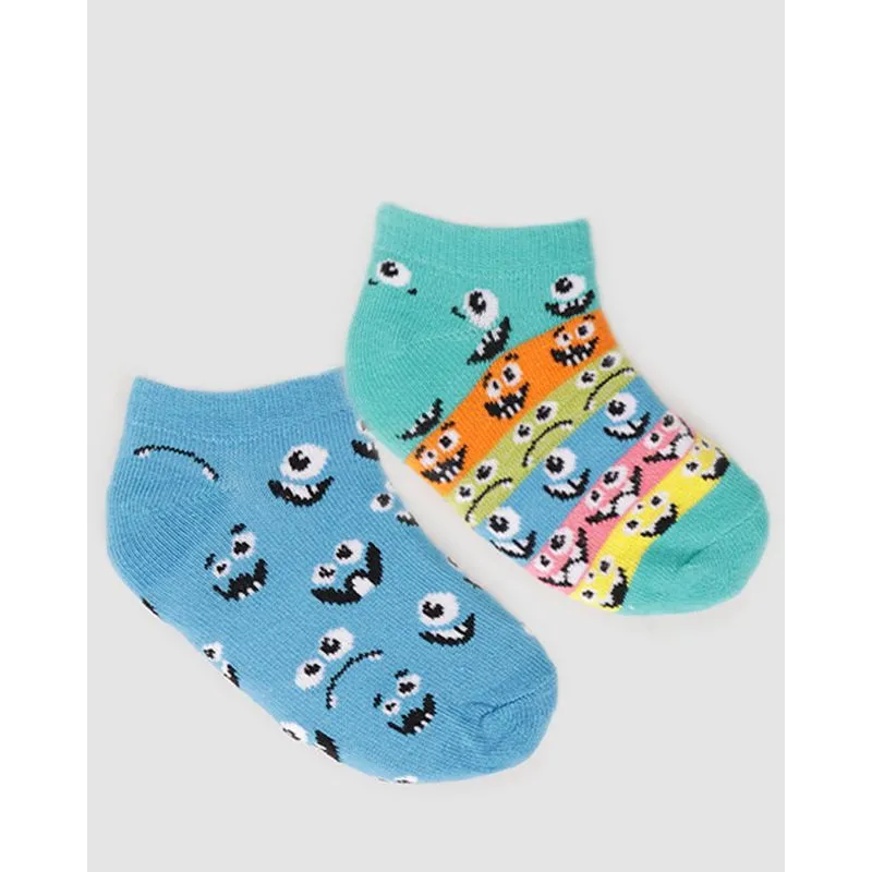 Kit 2 Meias Infantil Menino Cano Baixo Estampa Monstrinhos Verde Claro Azul Claro 27 A 30