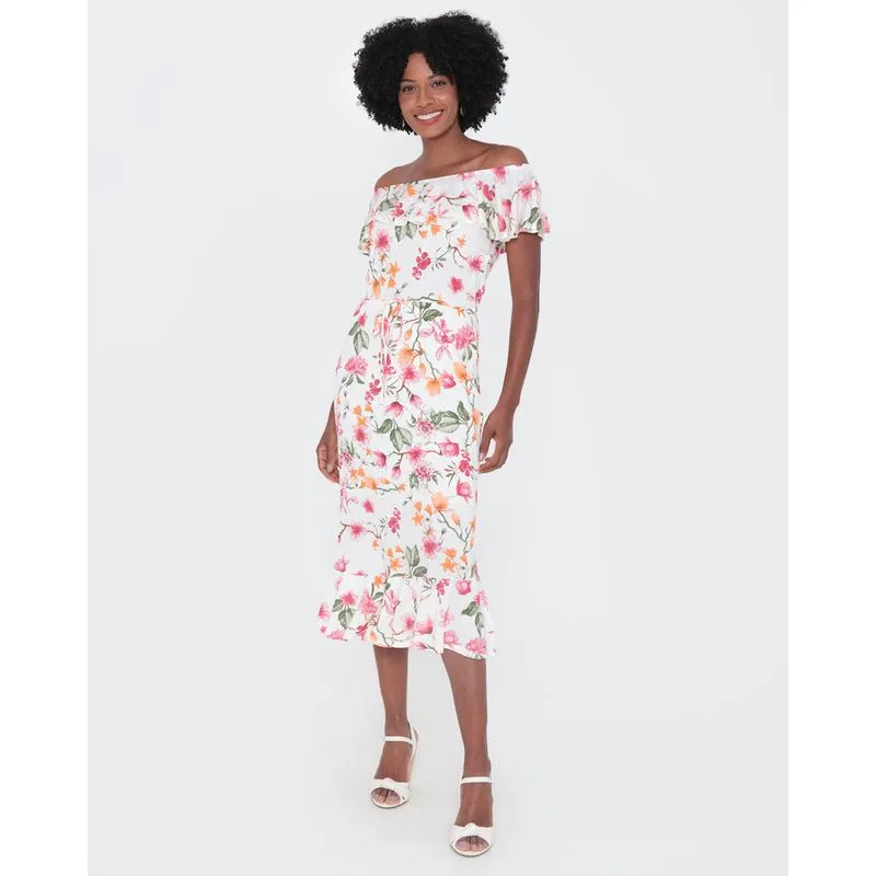 Vestido Feminino Longo Ciganinha Floral Off White G