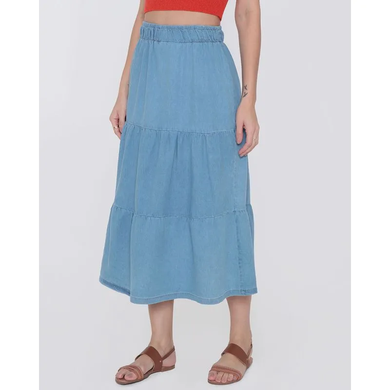 Saia Jeans Longa Feminina Babado Azul Claro P