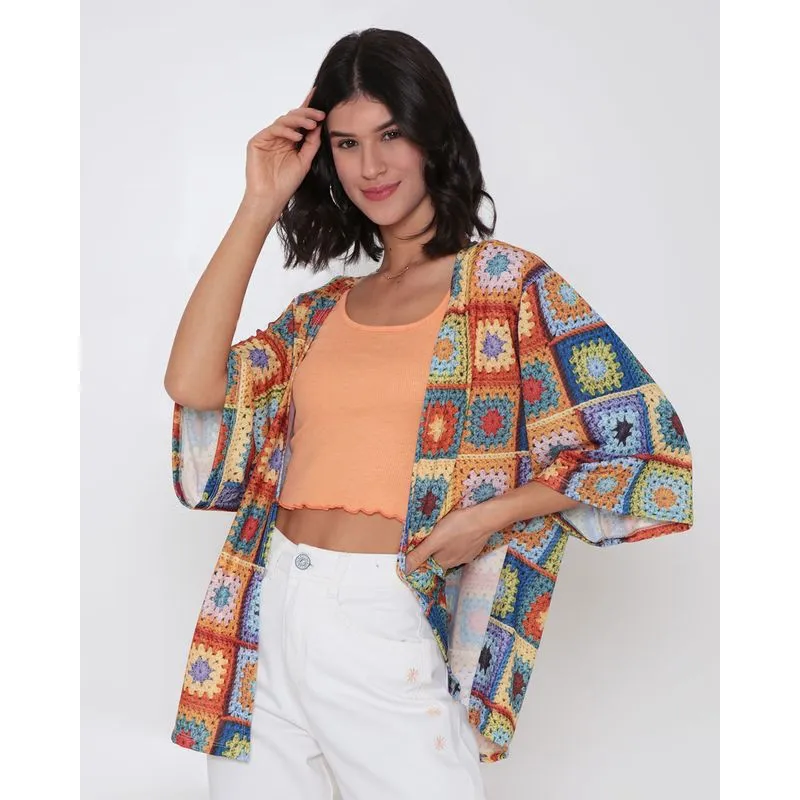 Kimono Feminino Estampa Tricô Laranja P