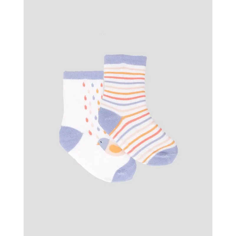 Kit 2 Meias Bebê Cano Longo Estampa Pássaro Listrada Branco Azul Claro 19 A 22