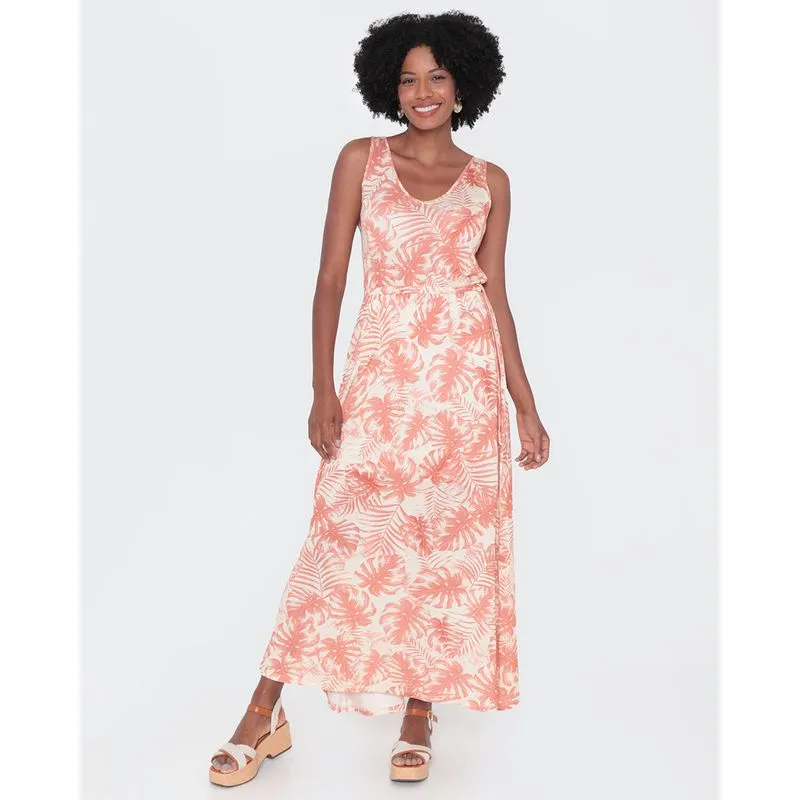 Vestido Longo Estampa Folhagem Laranja GG