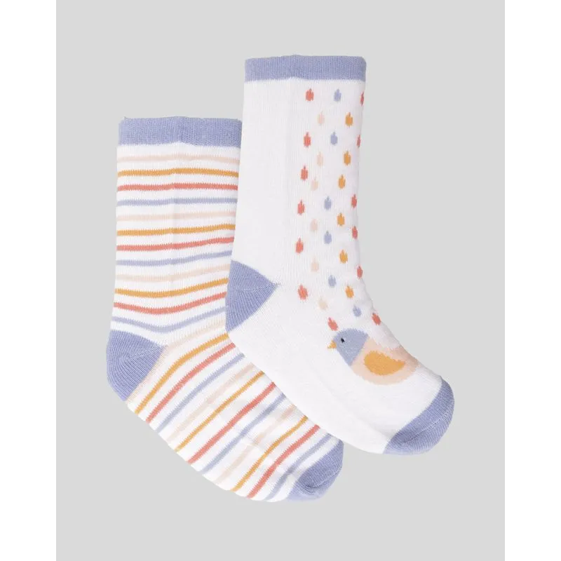 Kit 2 Meias Infantil Menina Cano Longo Estampa Pássaro Listrada Branco 27 A 30