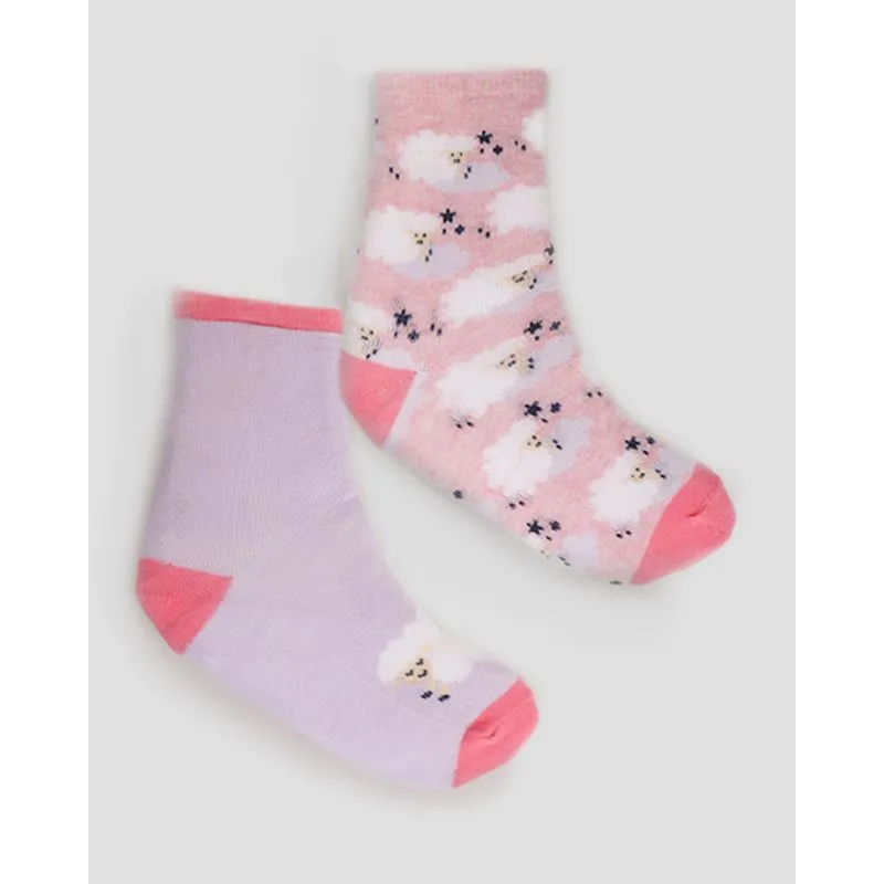 Kit 2 Meias Infantil Menina Cano Médio Estampa Ovelhinha Rosa Lilás 27 A 30
