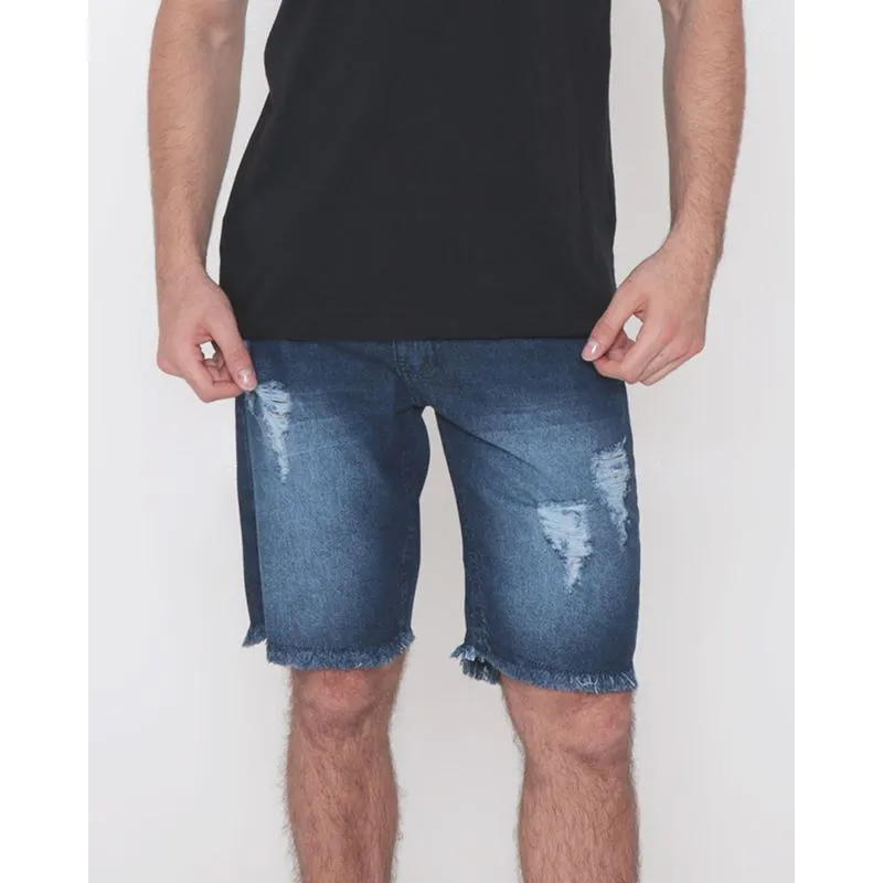 Bermuda Jeans Masculina Destroyed Azul Médio 46