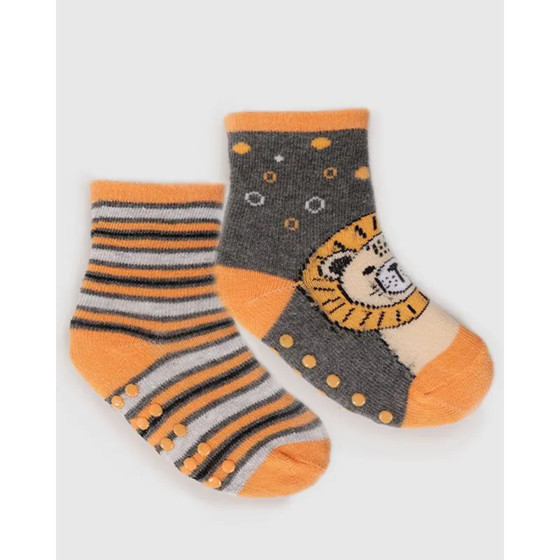 Kit 2 Meias Infantil Menino Cano Médio Antiderrapante Cinza Claro Laranja 6 A 12