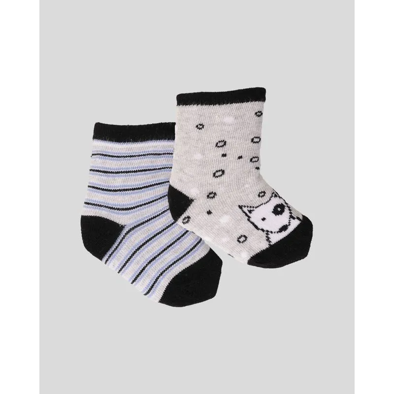 Kit 2 Meias Bebê Menino Cano Médio Estampa Cachorro Listrada Cinza Claro Azul Claro 0 A 6