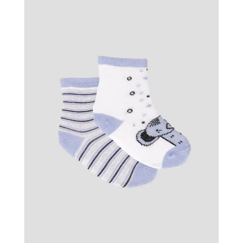 Kit 2 Pares De Meias Bebê Cano Médio Estampa Elefante Listrada Branco Azul 6 A 12