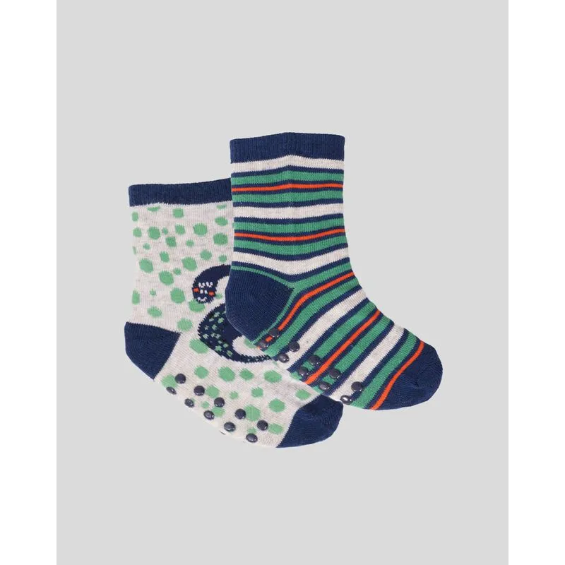 Kit 2 Meias Bebê Menino Cano Médio Estampa Dinossauro Listrado Mescla Claro Marinho 19 A 22