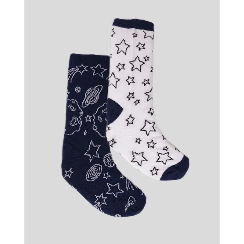 Kit 2 Meias Infantil Menino Cano Longo Estampa Estrela Lunar Marinho Branco 27 A 30