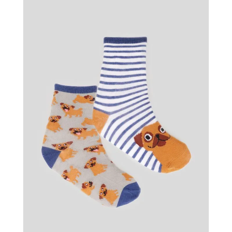 Kit 2 Meias Infantil Cano Médio Estampa Cachorro Listrada Cinza Azul 27 A 30