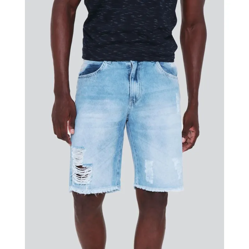 Bermuda Jeans Masculina Barra Desfiada Azul Claro 36