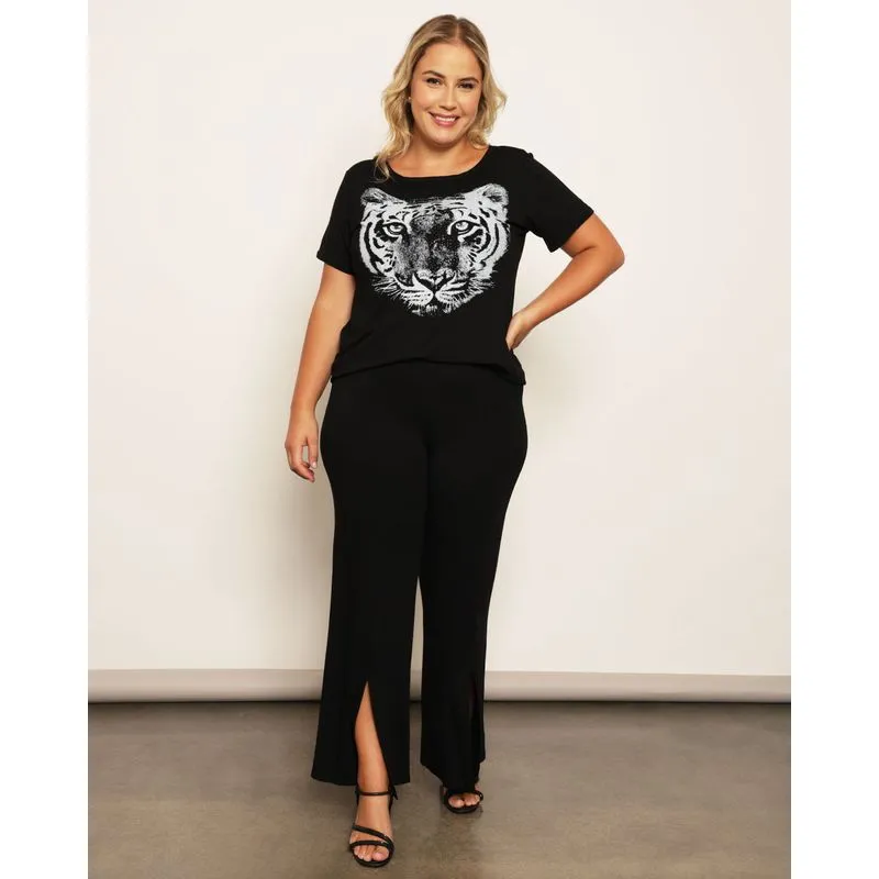 Calça Plus Size Feminina Viscose Pantalona Com Fenda Preta G3