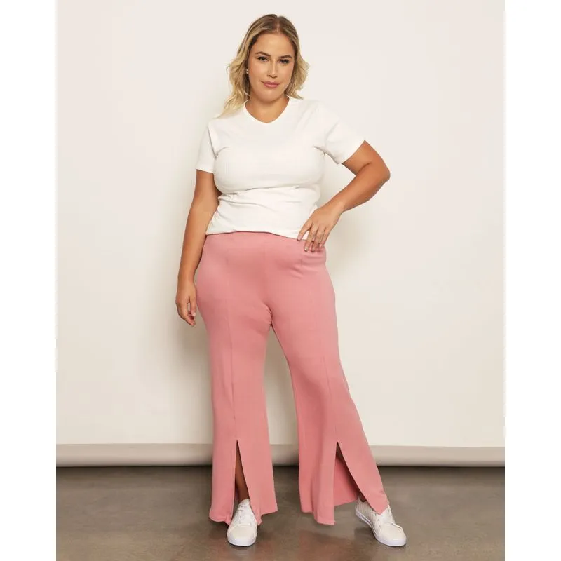 Calça Plus Size Feminina Viscose Pantalona Com Fenda Rosa G3