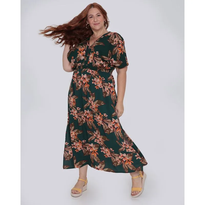 Vestido Plus Size Longo Manga Morcego Folhagem Verde G2