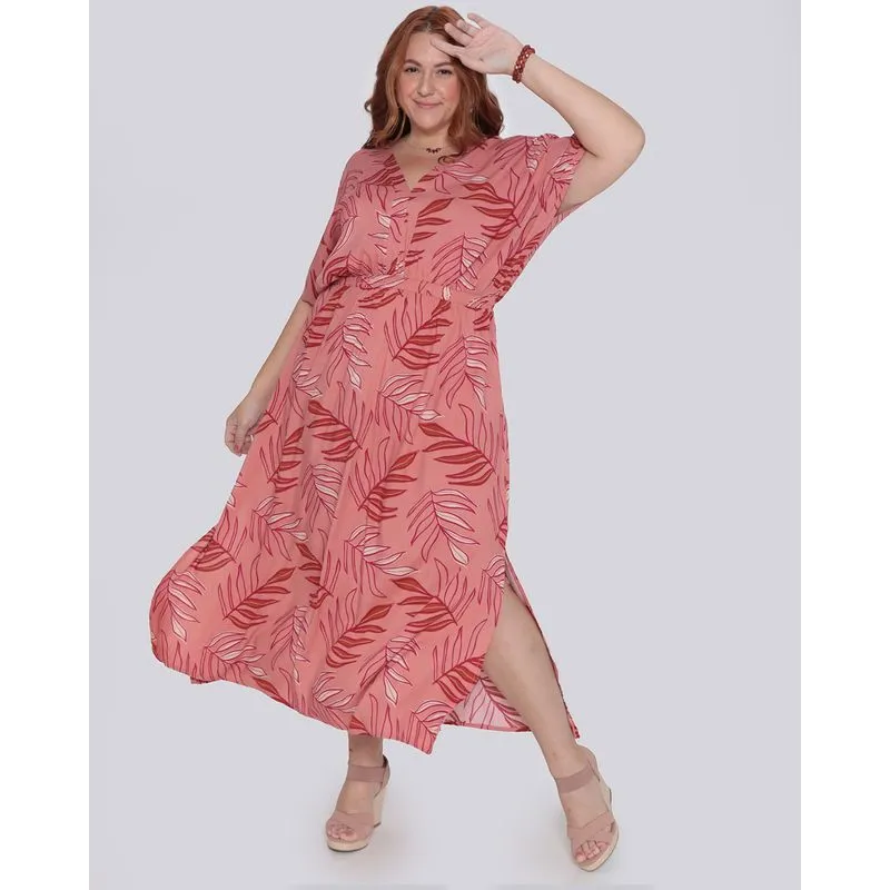 Vestido Plus Size Longo Manga Morcego Folhagem Rosa G3