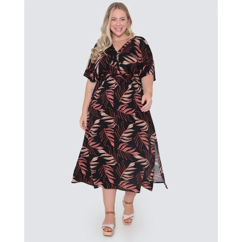 Vestido Plus Size Longo Manga Morcego Folhagem Preto G1