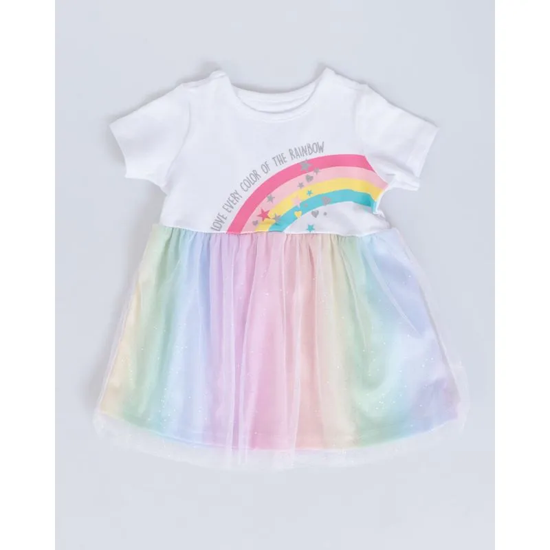 Vestido Bebê Arco Íris Tule Glitter Branco M
