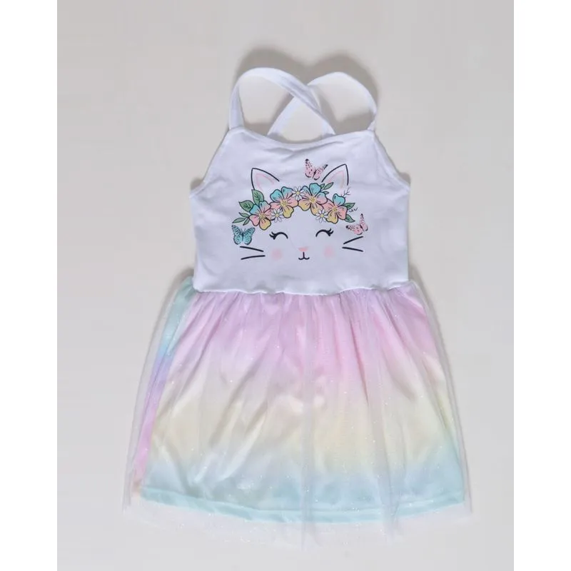 Vestido Bebê Estampa Gatinha Tule Tie Dye Branco 1