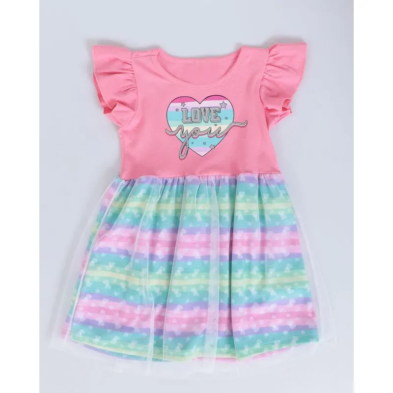Vestido Bebê Estampa Coração Listrada Tule Rosa 3