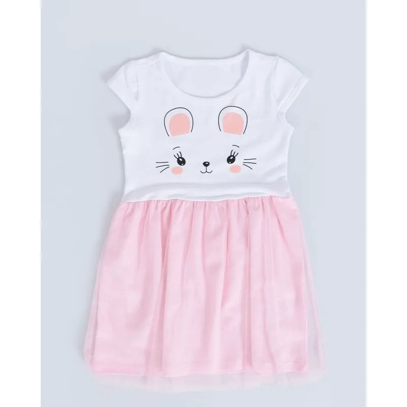 Vestido Bebê Estampa Gatinha Tule Branco 3