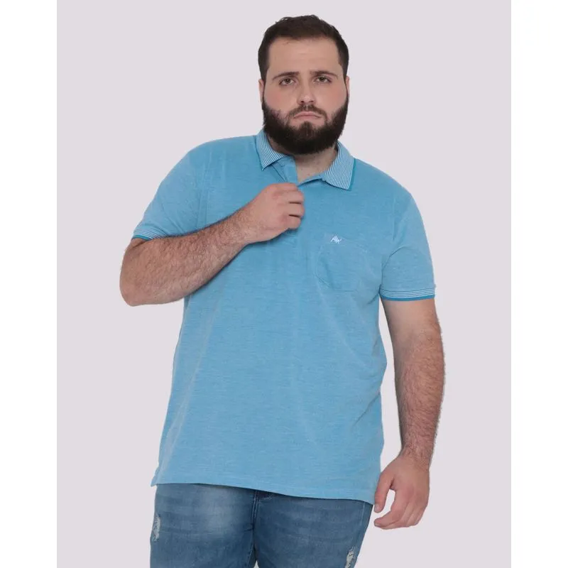 Polo Masculina Plus Size Piquet Listras Azul Claro G1