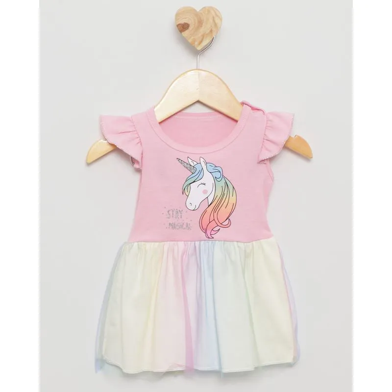 Vestido Bebê Tule Estampa Unicórnio Rosa G
