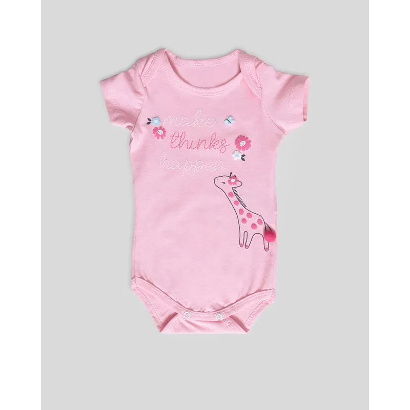 Body Bebê Estampa Girafa Pompom Rosa Claro P