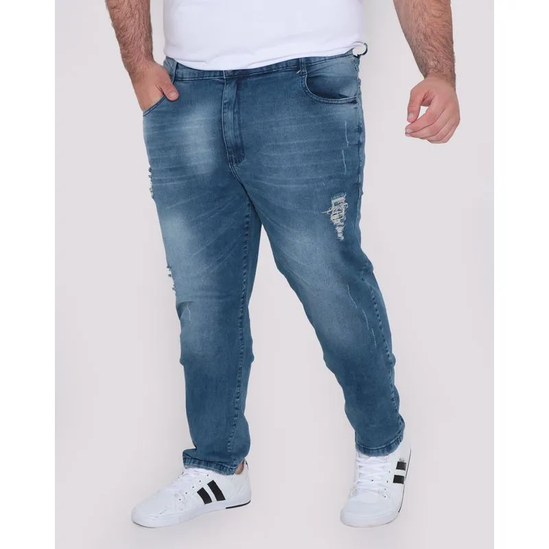 Calça Jeans Masculina Plus Size Destroyed Azul Médio 54