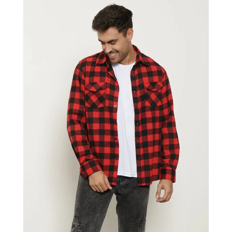Camisa Masculina Flanelada Xadrez Com Bolsos Vermelha P