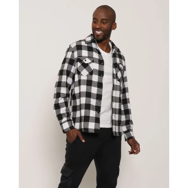 Camisa Masculina Flanelada Xadrez Com Bolsos Preta M