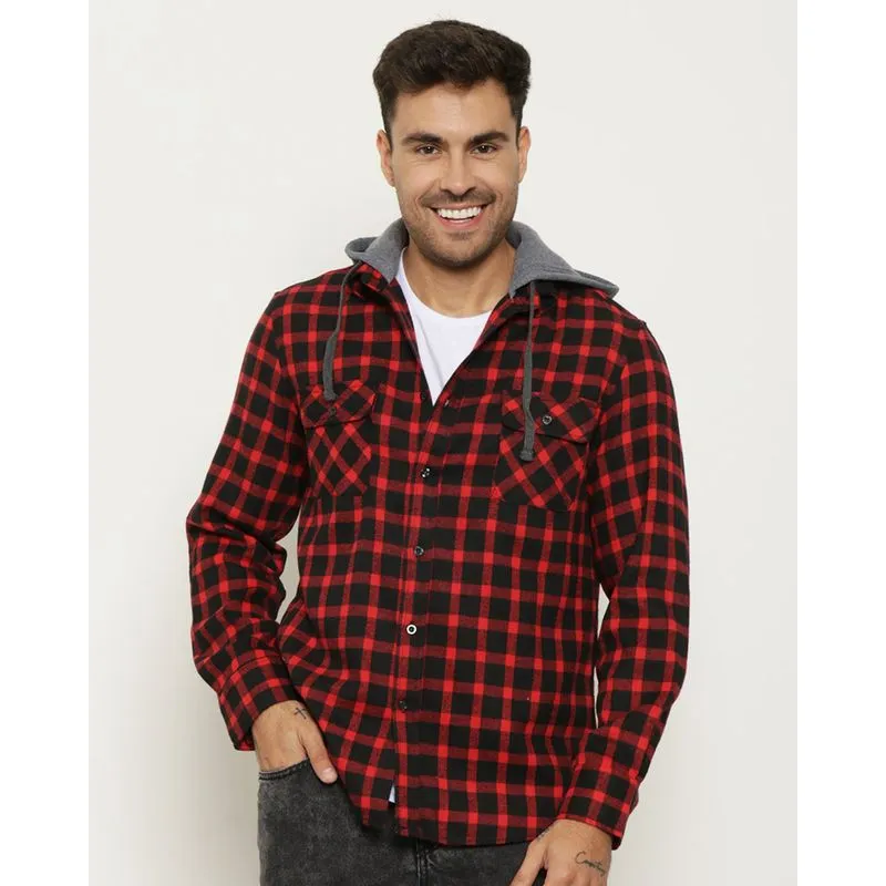 Camisa Masculina Flanelada Xadrez Bolsos Com Capuz Vermelha GG