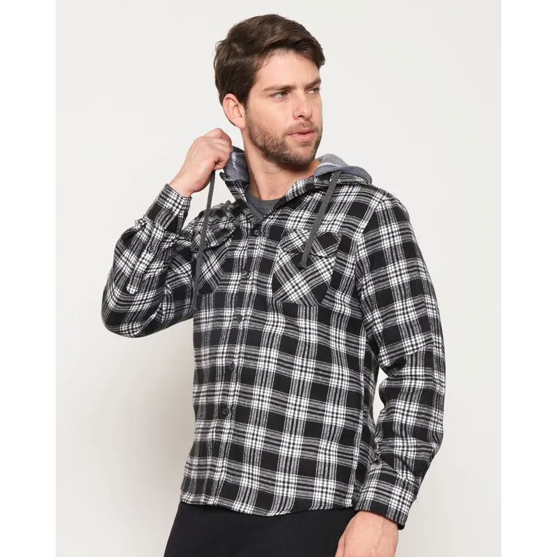 Camisa Masculina Flanelada Xadrez Bolsos Com Capuz Cinza M