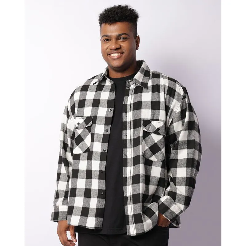 Camisa Plus Size Masculina Flanela Xadrez Com Bolsos Preta G1