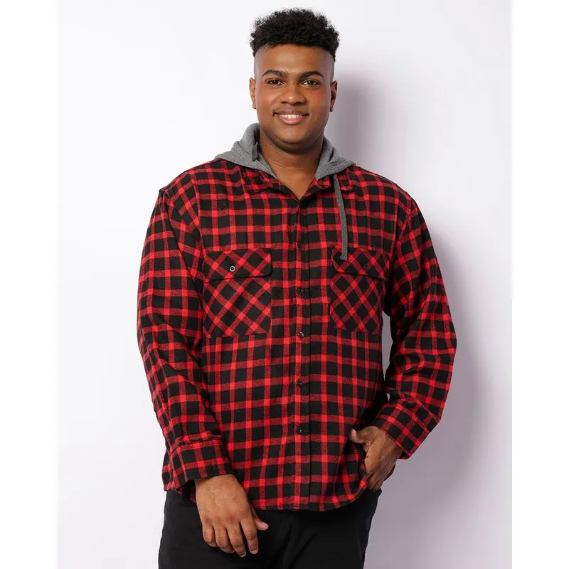 Camisa Plus Size Masculina Flanelada Xadrez Bolsos Com Capuz Vermelho G1