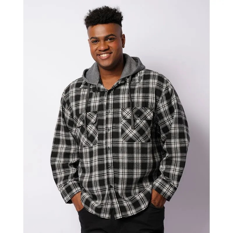 Camisa Plus Size Masculina Flanelada Xadrez Bolsos Com Capuz Preto G1