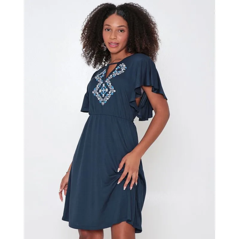 Vestido Feminino Manga Borboleta Floral Texturizado Marinho G