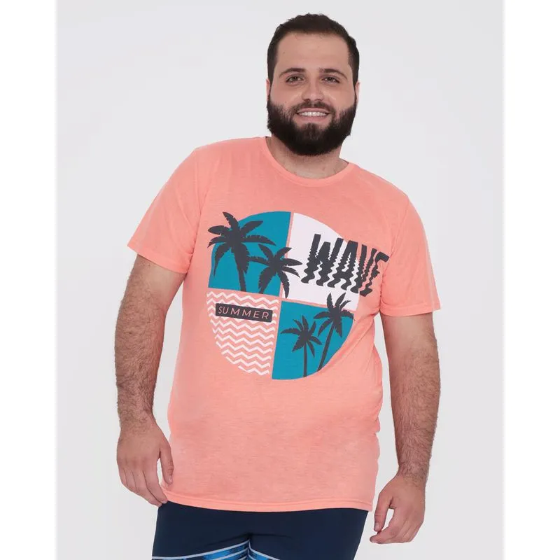 Camiseta Plus Size Masculina Estampa Tropical Mescla Laranja G1