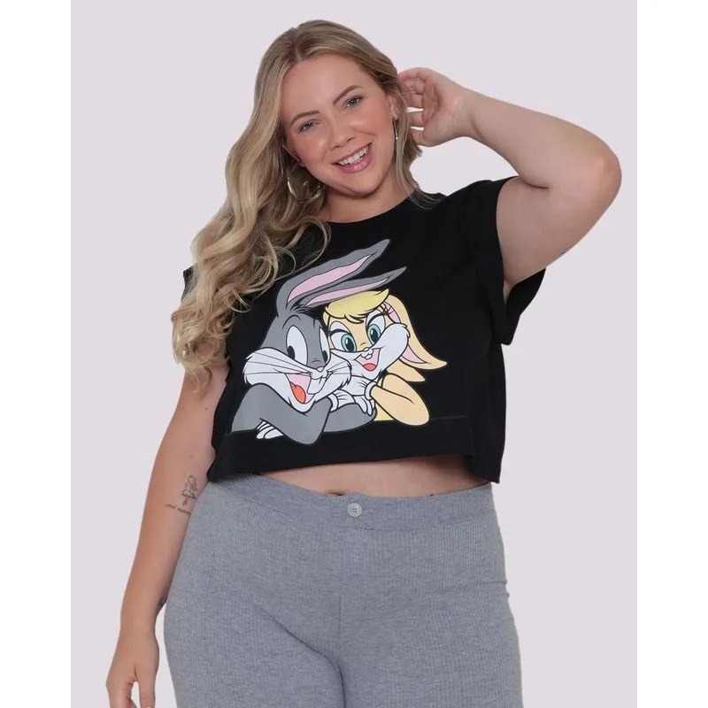 Blusa Plus Size Feminina Cropped Looney Tunes Preta G1