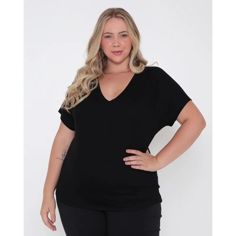 Blusa Plus Size Feminina Decote V Preta G3